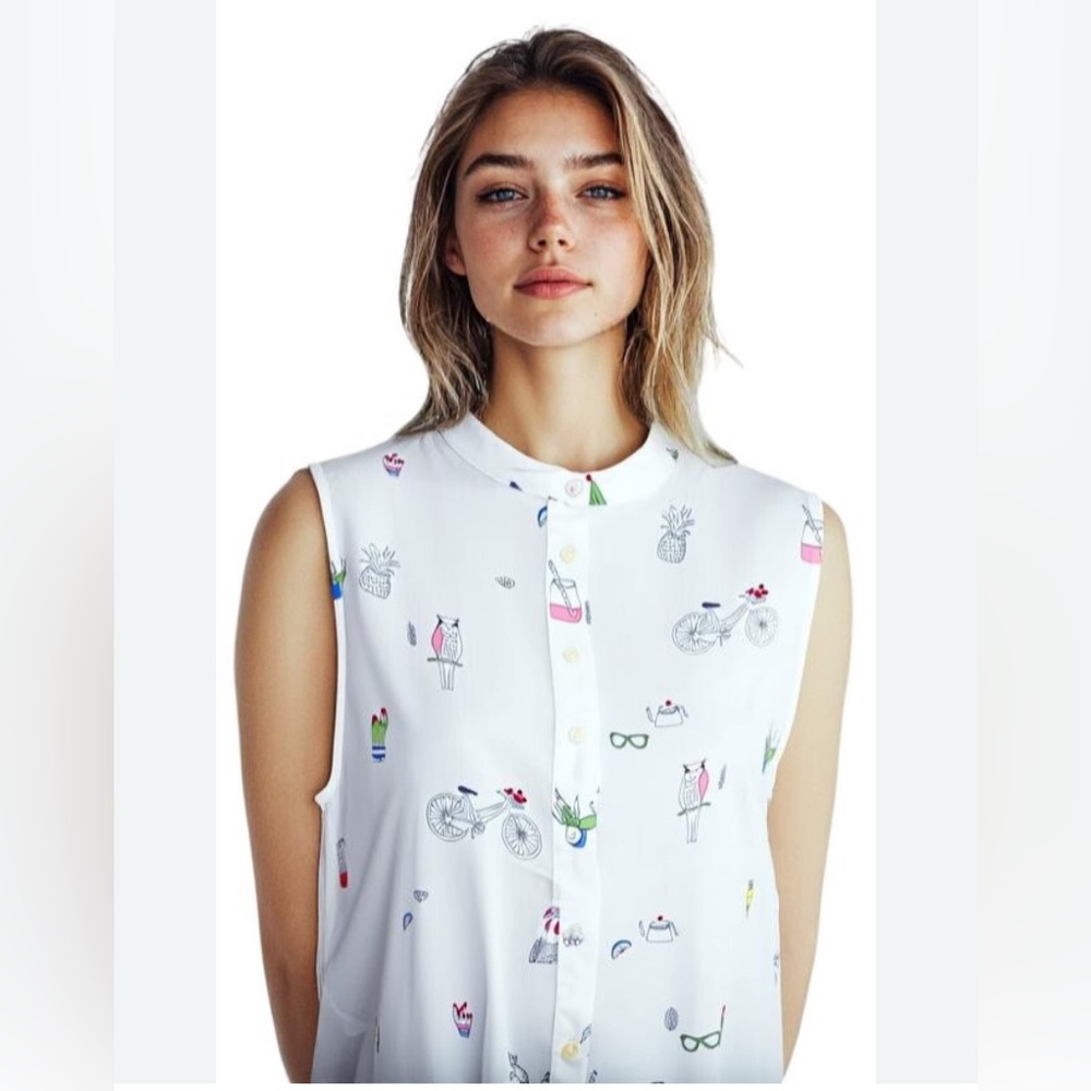 PAPILLON White Sleeveless Blouse with Novelty Print